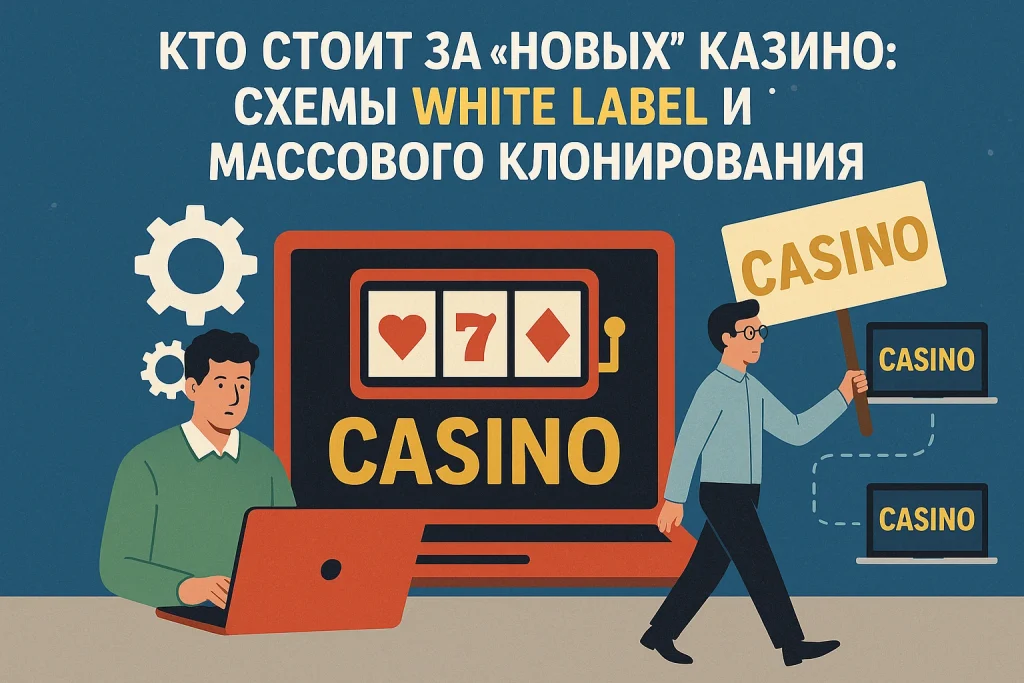 Мужчина за ноутбуком и цепочка одинаковых сайтов с надписью "CASINO" — визуализация схем white label и массового клонирования онлайн-казино.