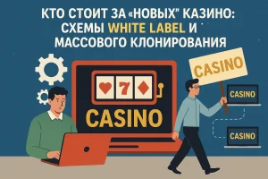 Мужчина за ноутбуком и цепочка одинаковых сайтов с надписью "CASINO" — визуализация схем white label и массового клонирования онлайн-казино.