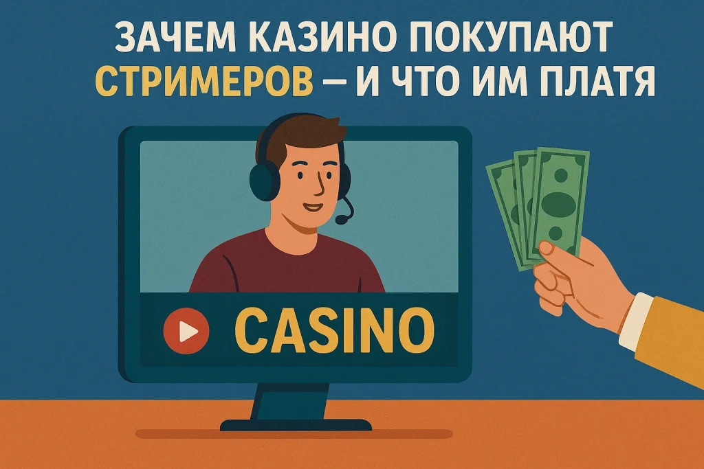 Стример в наушниках на экране монитора с надписью "CASINO" и рука, протягивающая деньги — визуализация сотрудничества казино и стримеров.