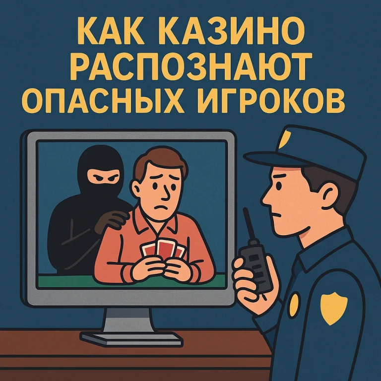 Сотрудник безопасности смотрит на монитор, где изображён игрок с картами и подозрительный человек в маске за его спиной — иллюстрация распознавания мошенников в казино.
