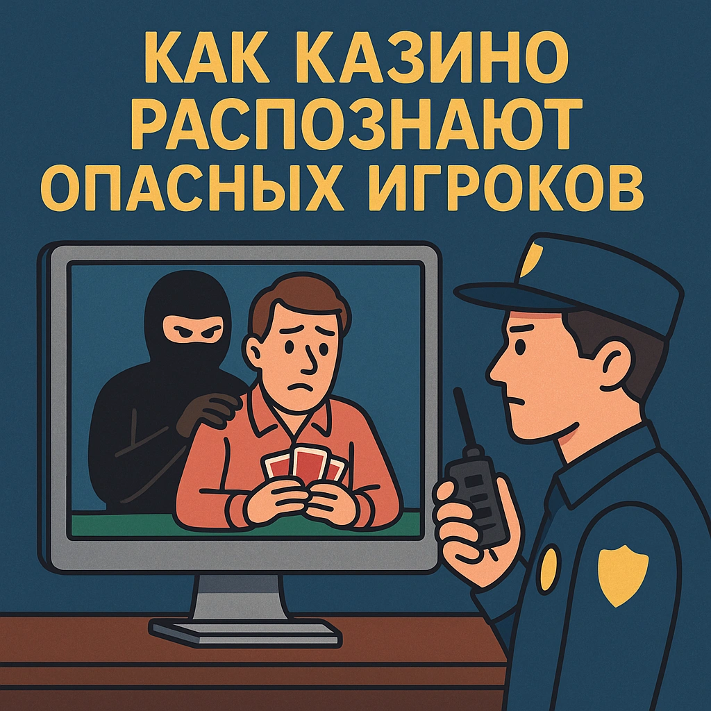 Сотрудник безопасности смотрит на монитор, где изображён игрок с картами и подозрительный человек в маске за его спиной — иллюстрация распознавания мошенников в казино.