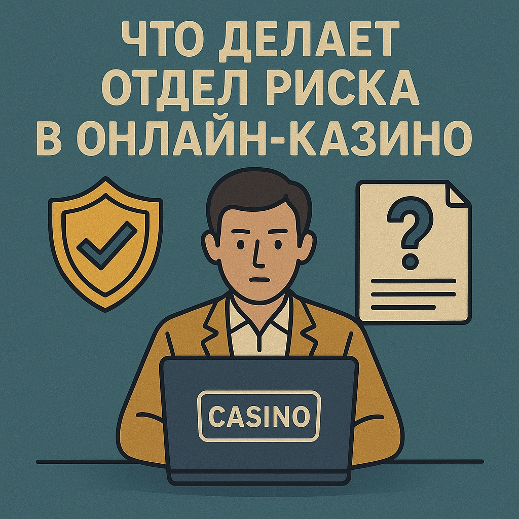 Сотрудник отдела риска за ноутбуком с иконками щита и документа — визуализация работы по контролю безопасности в онлайн-казино.