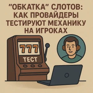 Игрок с гарнитурой тестирует игровой автомат с надписью "ТЕСТ" на экране — визуализация процесса испытания новых механик слотов провайдерами.