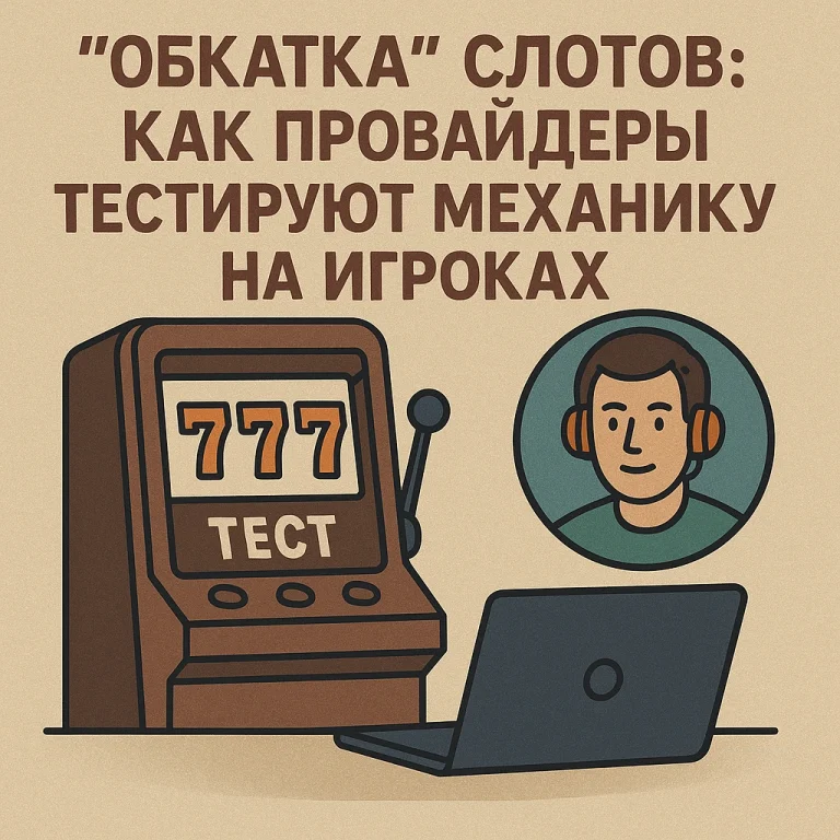 Игрок с гарнитурой тестирует игровой автомат с надписью "ТЕСТ" на экране — визуализация процесса испытания новых механик слотов провайдерами.