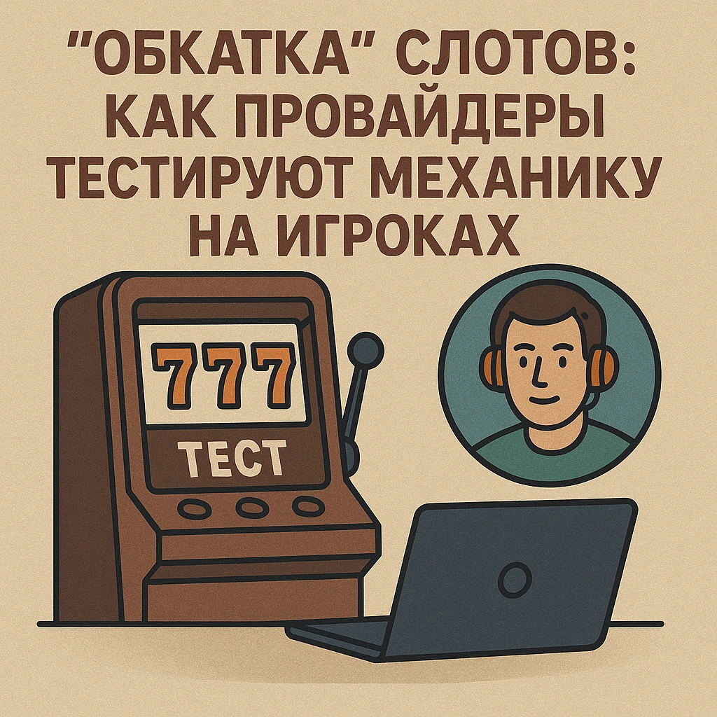 Игрок с гарнитурой тестирует игровой автомат с надписью "ТЕСТ" на экране — визуализация процесса испытания новых механик слотов провайдерами.