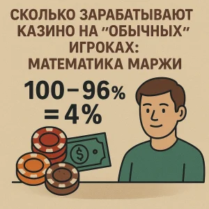 Игрок за столом с фишками, купюрой и формулой 100 − 96% = 4% — наглядное объяснение маржи, которую зарабатывают казино на обычных игроках.