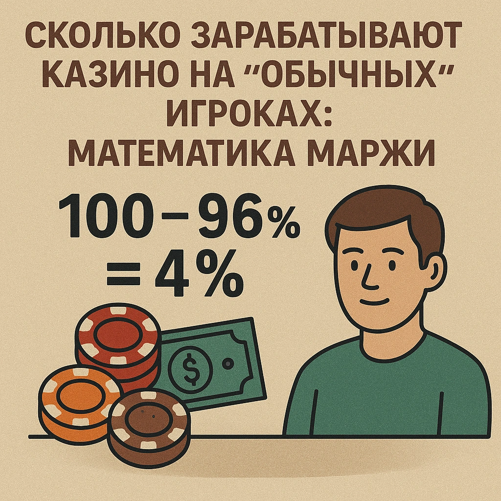 Игрок за столом с фишками, купюрой и формулой 100 − 96% = 4% — наглядное объяснение маржи, которую зарабатывают казино на обычных игроках.