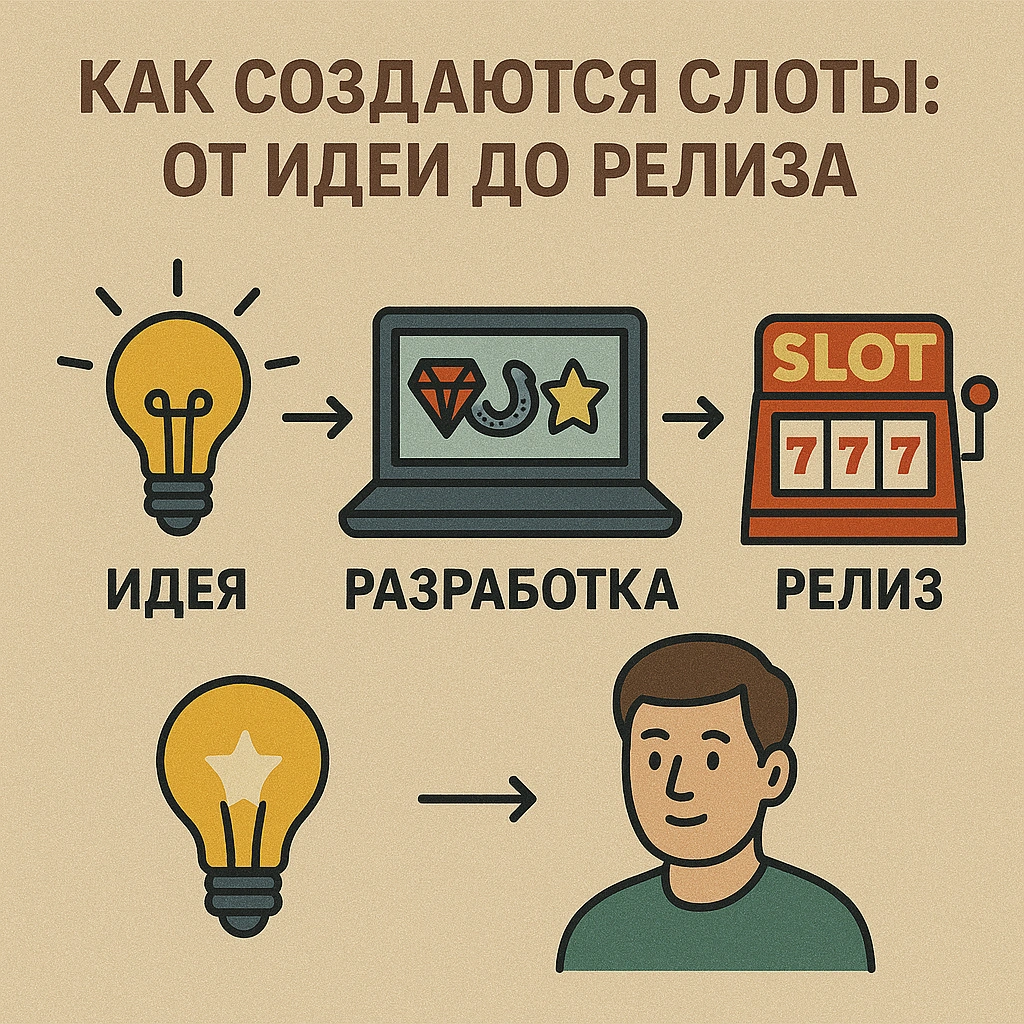 Инфографика с этапами создания слота: идея, разработка на ноутбуке и финальный релиз в виде автомата с символами 777.